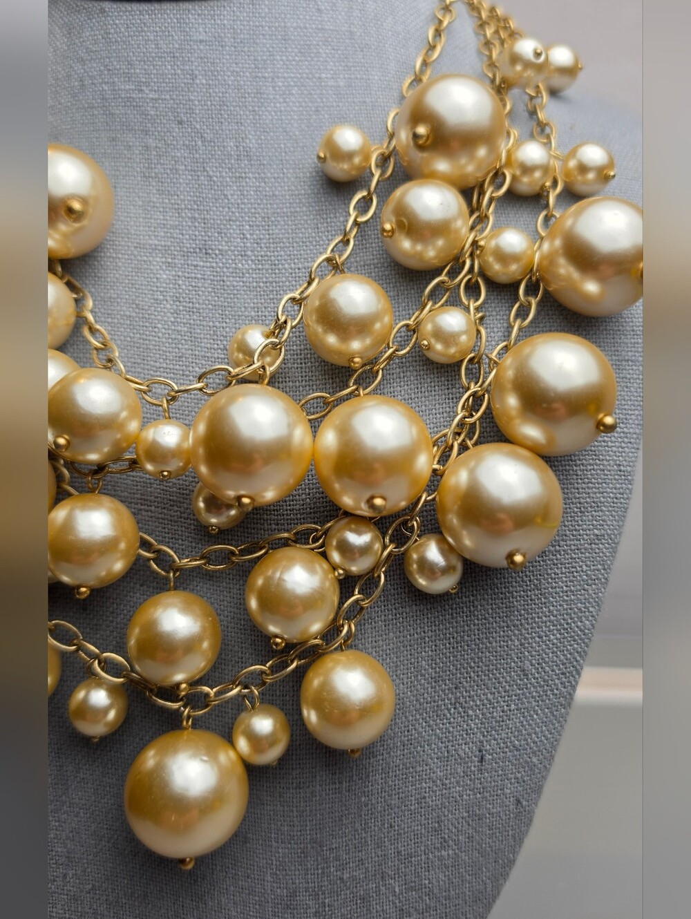 [J. Crew] Champagne Toned Multi-Strand Chunky Pearl Bubble Statement Necklace - Picture 5 of 16